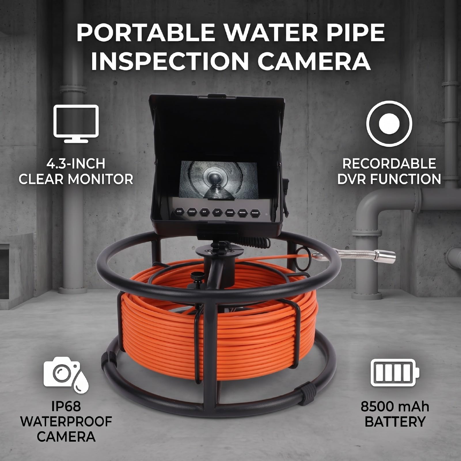 ASHATA Cámara de Alcantarillado, Cámara de Inspección de Tuberías de 18 Mm con Luz Ajustable (F2543DC18-30M-K) | DVR y grabadora de audio Batería grande 1000TVL Drenaje Boroscopio Plomería Pantalla de 4,3 pulgadas Herramientas de