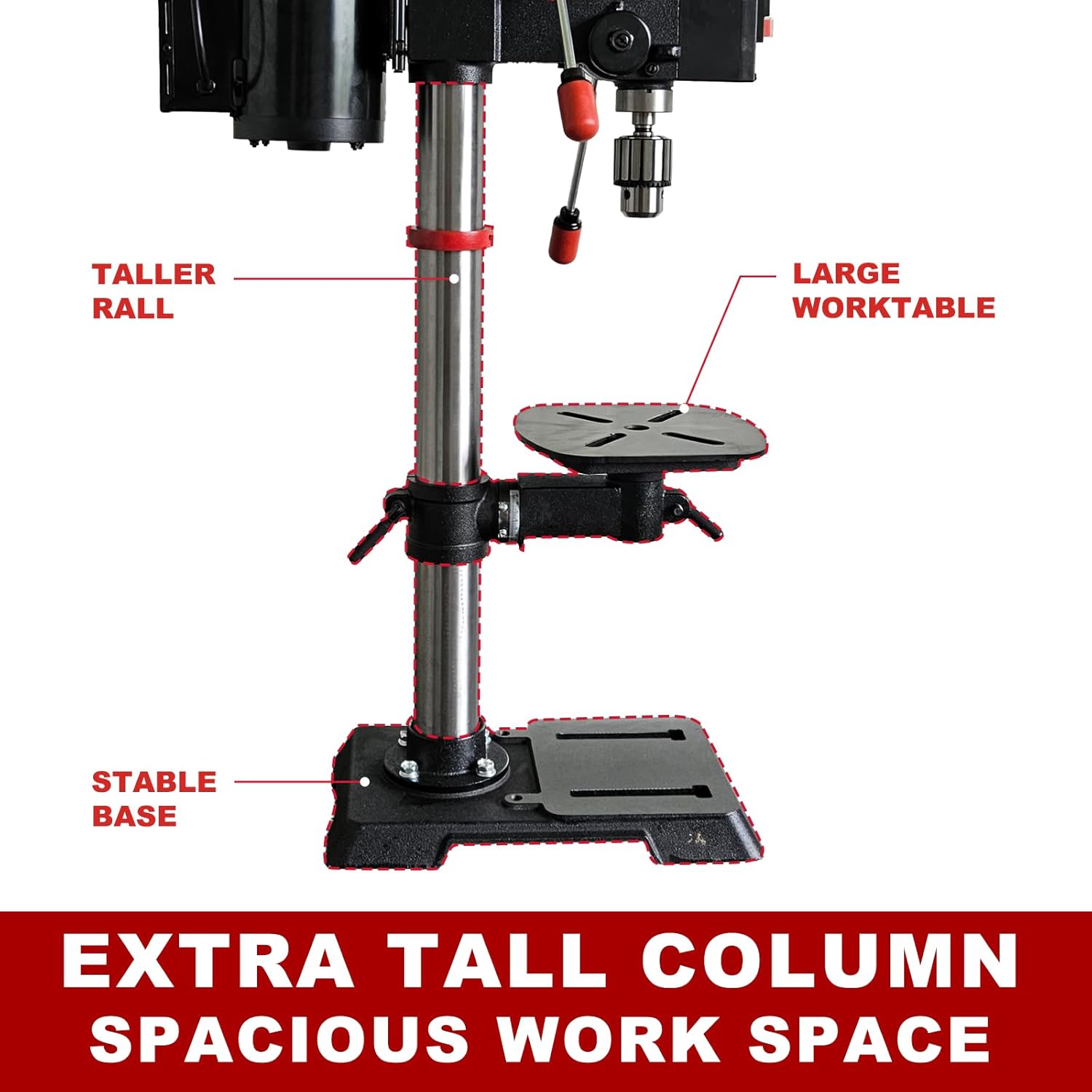 Diagram highlighting the extra tall column, large worktable, and stable base of the drill press