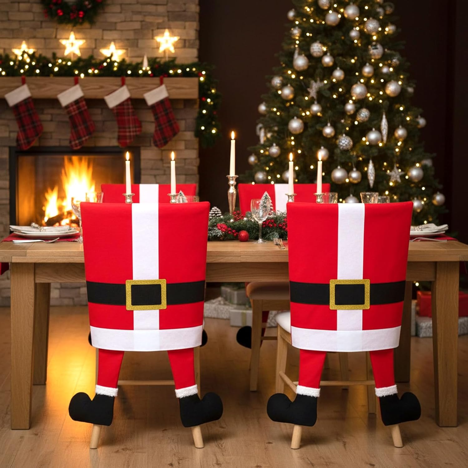 Hahafelt 4 Pack Christmas Santa Claus Chair Covers with Legs Christmas Dining Chair Slipcovers Red Black White Back Covers for Home Xmas Holiday Kitchen Decorations Dining Room Office