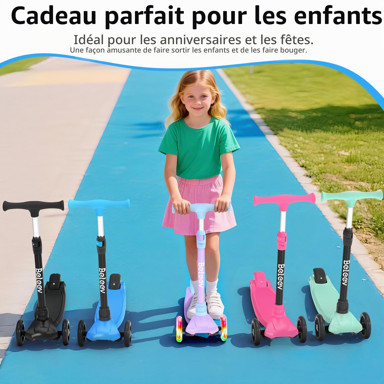 BELEEV A3 Trottinette Enfants 3 Ans, 4 Guidon Réglable en Hauteur | Roues Lumineuses en PU, Scooter à 3 Roues Deck Extra-Large et Antidérapant Trotinette pour Enfant de 3-12 Ans Fille Garçon