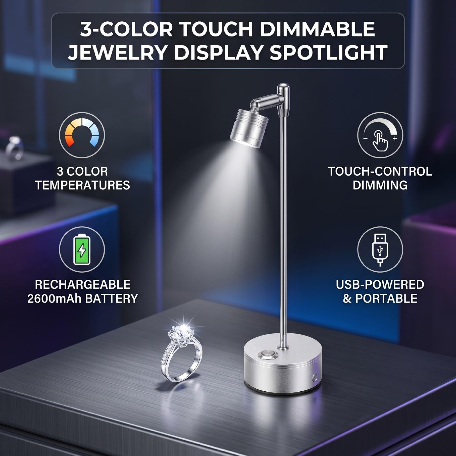 Naroote Faretti LED da Interno, Faretti da Terra Ricaricabili via USB per Vetrine con 3 Colori, Regolazione dell'Intensità tramite Tocco, Accessori per l'Esposizione di Gioielli