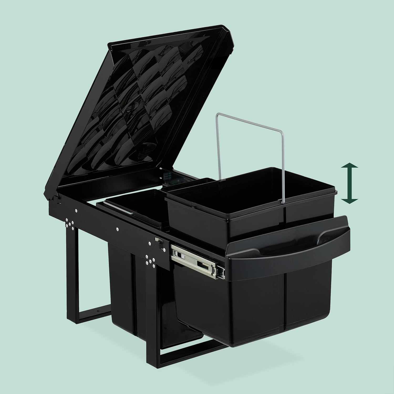 Relaxdays Built-in Rubbish Bin, 3 Compartments, 15 L & 2 x 8 L, HBT: 34.6 x 34 x 51.8 cm, Extendible, Bin System, Base Cabinet, Black