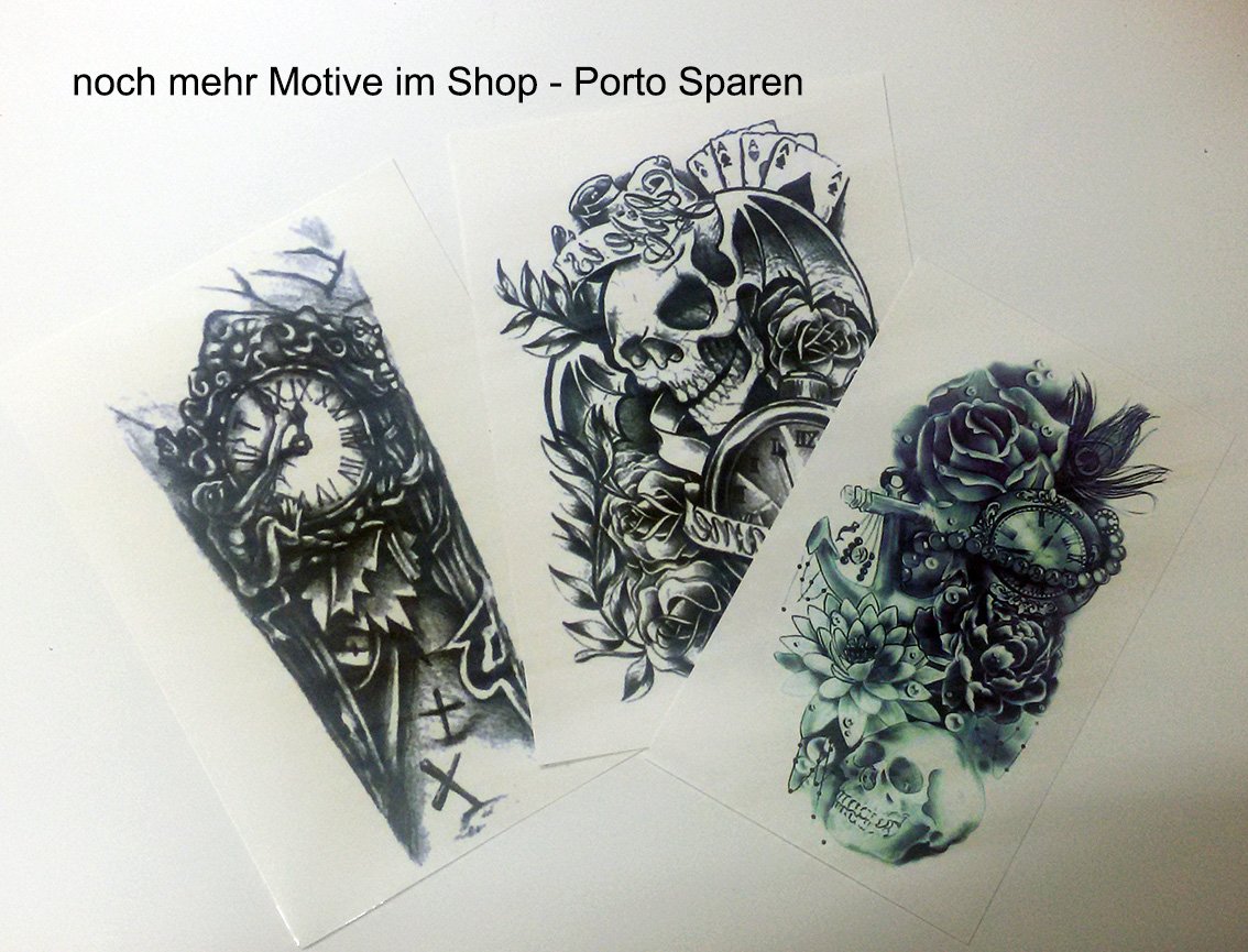 2 XXL Arm Tattoos - Rosen, Dornen, Vögel, Totenkopf Design, Wasserfest & Temporär