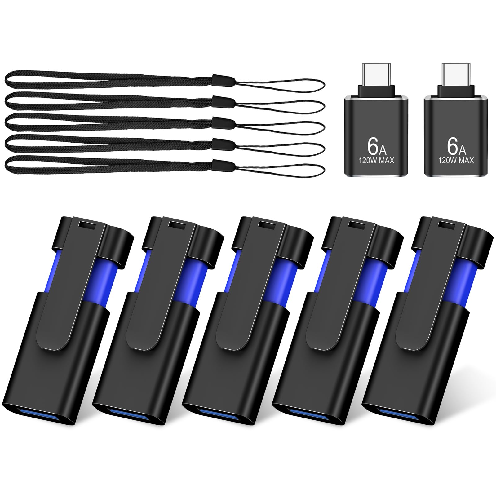 TEWENE Paquete de 5 unidades flash USB 3.0 de 32 GB (y 2 adaptadores tipo C) con clip único retráctil, unidad de memoria USB para transferencia de datos, 32 GB, color azul
