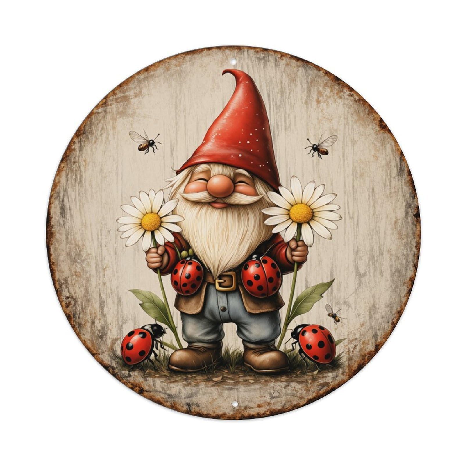 Gnome Daisy Ladybug Bee Garden Round Tin Sign Vintage Metal Poster, Home Bar Garage Man Cave Cafe Indoor & Outdoor Wall Decoration 8x8Inches