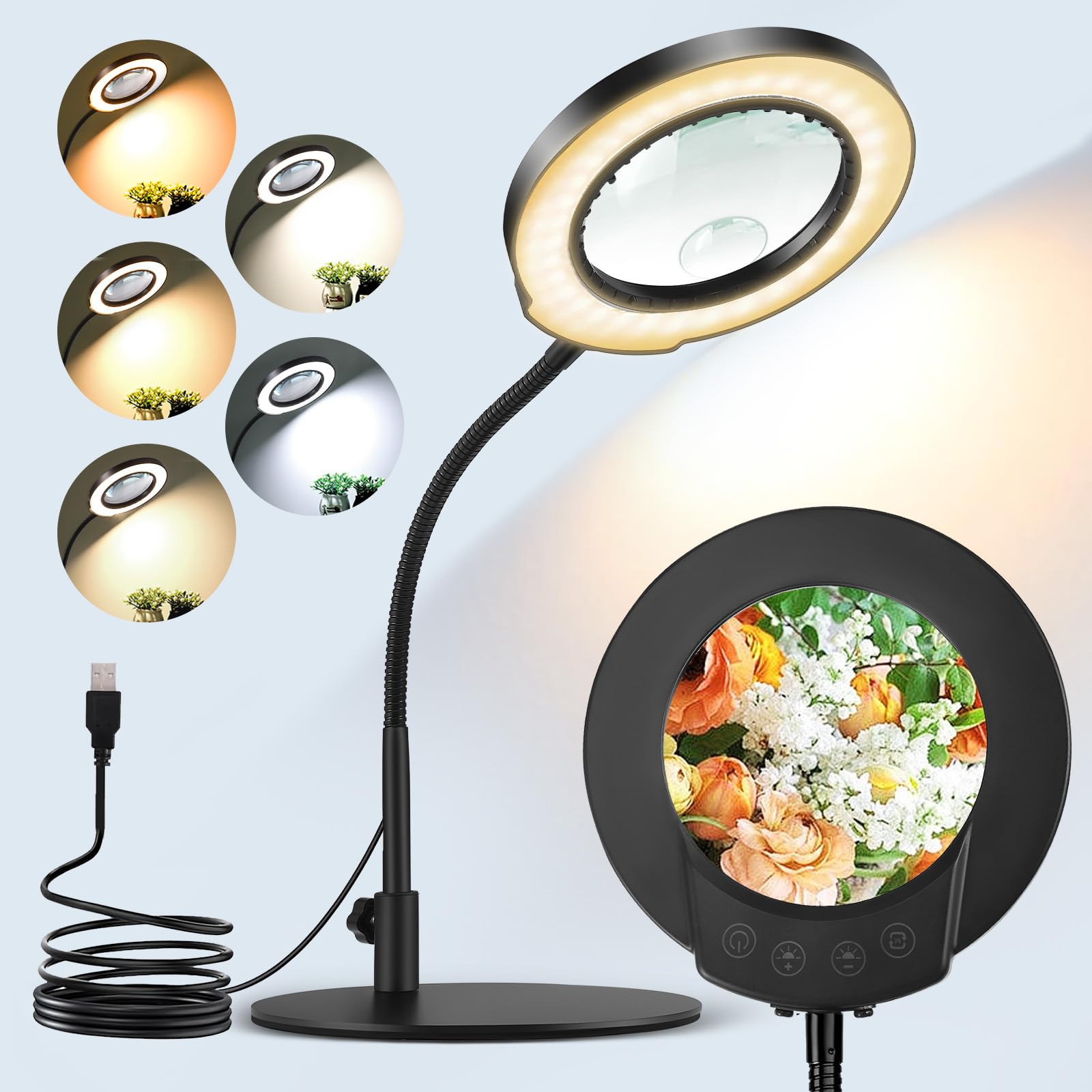 Lampe Loupe sur Pied 10x Grossissante Modelisme 360° LED 5 Couleurs Dimmable - Bureau Eclairante pour Lecture, Réparation et Artisanat