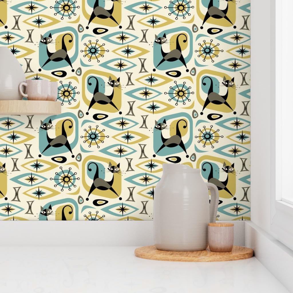 Peel & Stick Wallpaper 3ft x 2ft - Mid Century Cat Abstract Gold Diamonds Retro 1950S Cats Fifties Custom Removable Wallpaper by Spoonflower