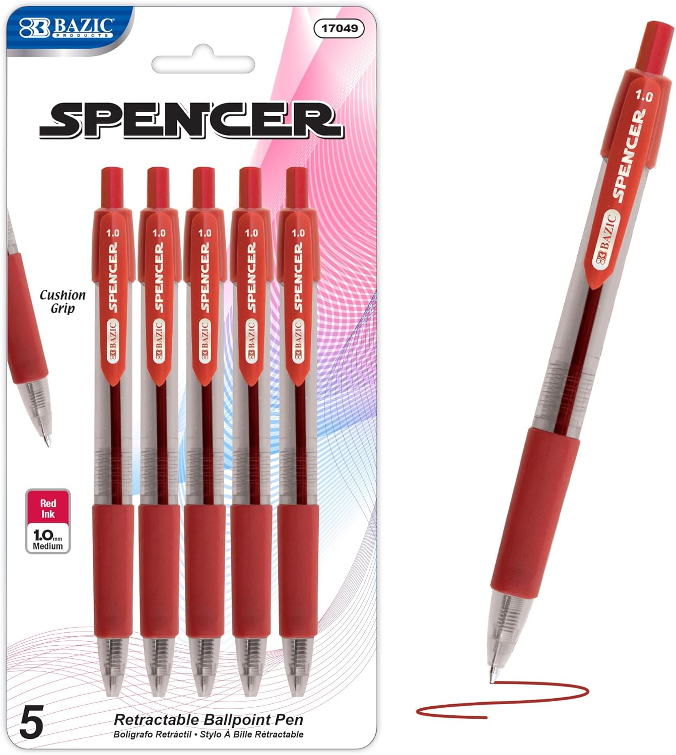 BAZIC PRODUCTS Gel Pens, Spencer Retractable Gel Pen, 1.0 mm Bold Tip for Smooth Writing for Office, School, or Teacher Use, Premium Writing Pens 5/Pack, 144-Packs