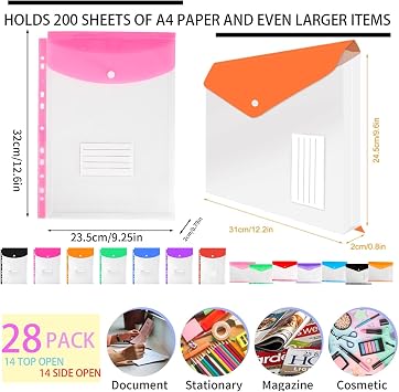 Plastic Wallets A4 Punched Pockets, 11 Holes Expandable Binder Folders for 2/3/4 Ring Document Pouch with Snap Button & Label Loose-Leaf Transparent for Office School Home (28pcs-T14S14)
