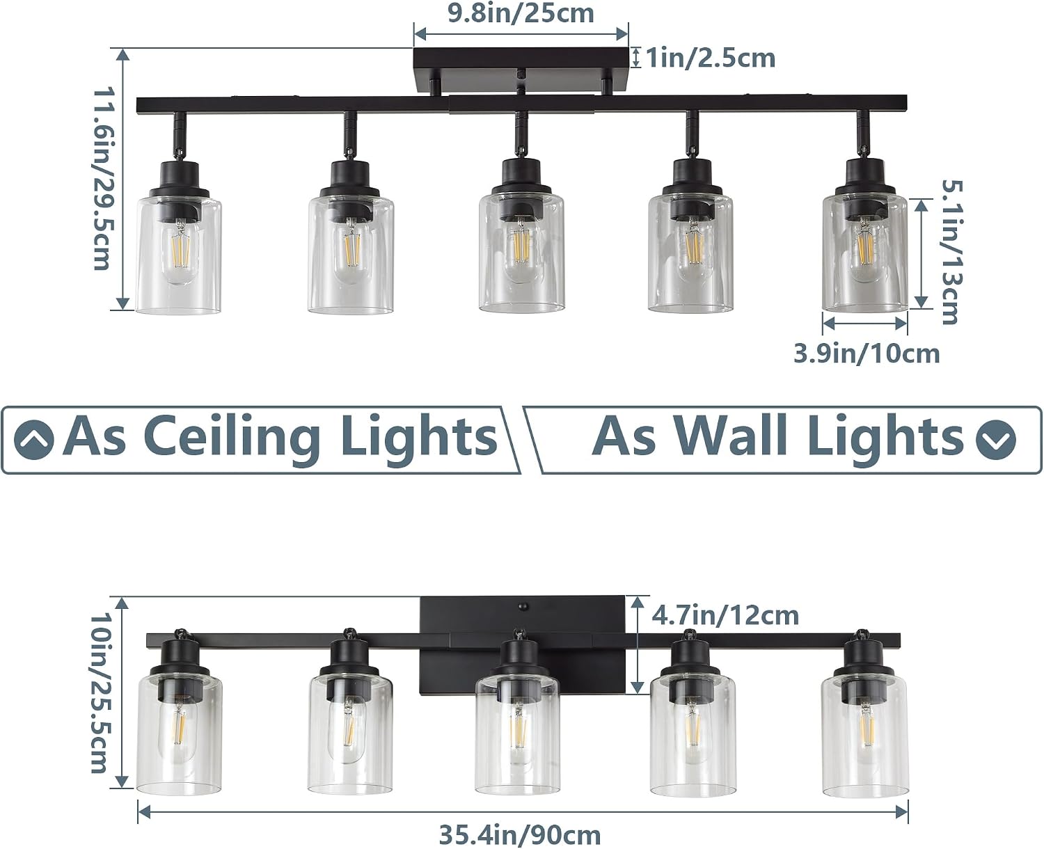 5-Light Track Lighting Kit, Black Track Lighting Fixtures, Rotatable Spotlight with Clear Glass Shades, Ceiling/Wall Mount Bathroom Wall Sconces for Kitchen Shop Hallway (Bulb Not Included)