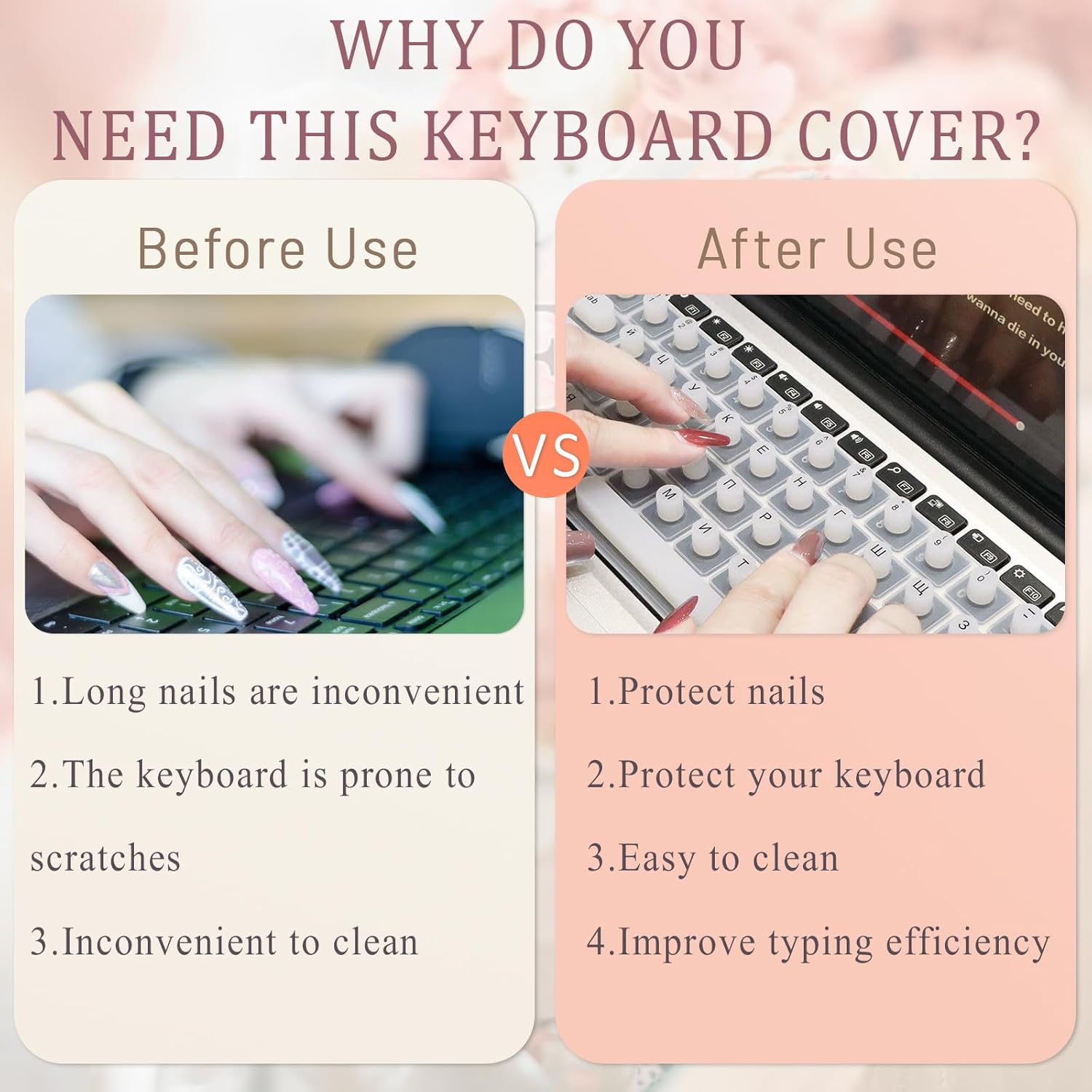 Keyboard Cover for Long Nails, Acrylic Gel Nails - Silicone Keyboard Protector Skin with Raised Keys for Typing and Gaming, Compatible with MacBook Pro/Air 13"/14"/15"/16" 2020-2025 (Pink)