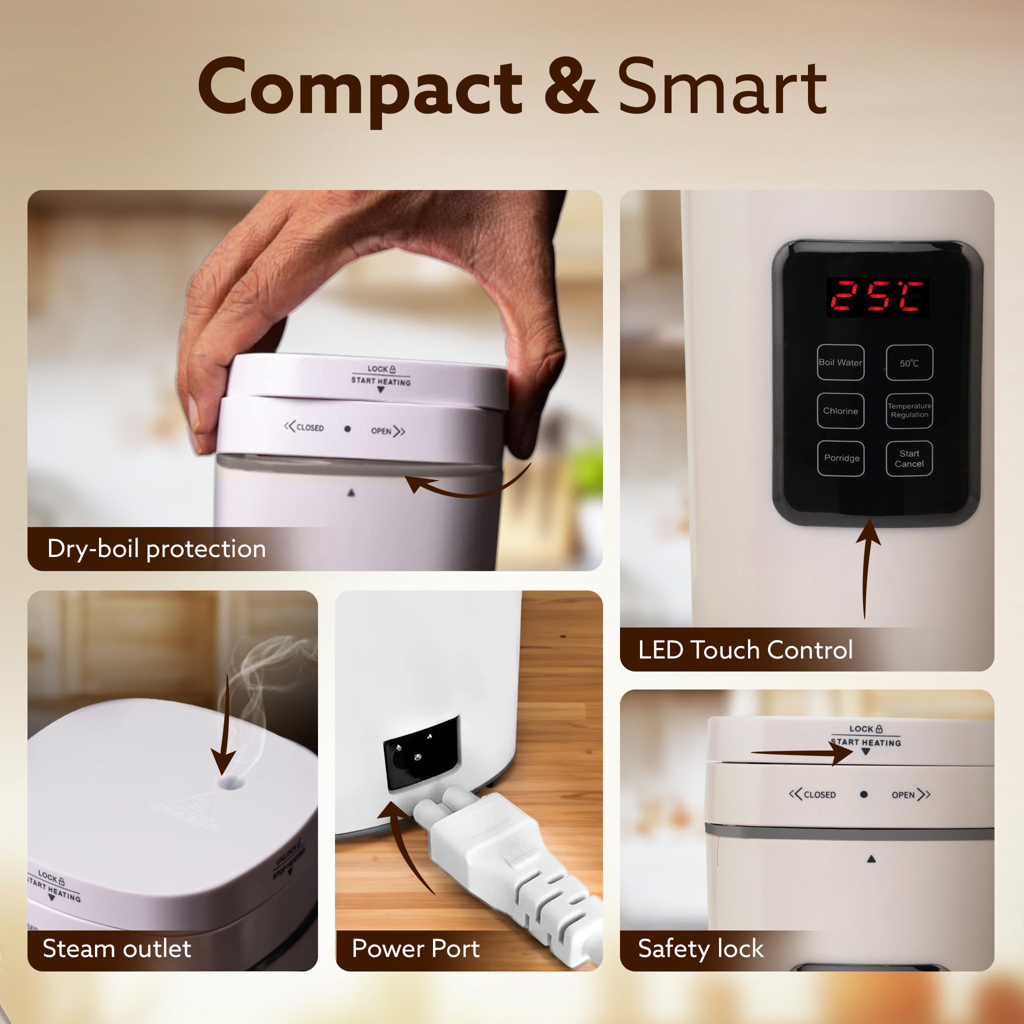 AGARO Delite Portable Electric Kettle, 500 Ml, Fast Boiling, Adjustable Temperature, Keep Warm, Dechlorination, Porridge, Double Layered Body, Travel Electric Kettle, Hot Water, White 1