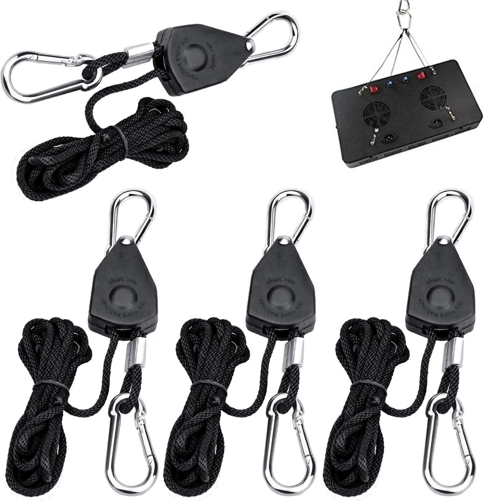 4Pcs Heavy Duty Ratchet Ropes 1/8 inch Adjustable Grow Light Rope Hangers Ratchet with Carabiner Hook Clip for Grow Room Equipment,Flowers, Plants 6-ft Long & 150lbs Weight Capacity