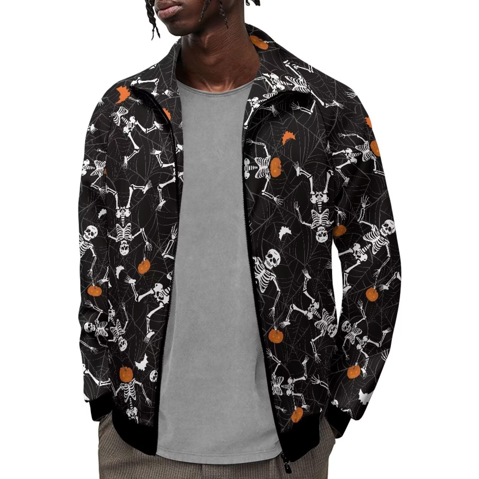 Psaytomey Men's Jacket Pullover Mock Neck Shirts Full Zip Sweatshirts Skull Pumpkin Printed Long Sleeve Running Athletic Workout Coat Jackets for Men Loose Fit