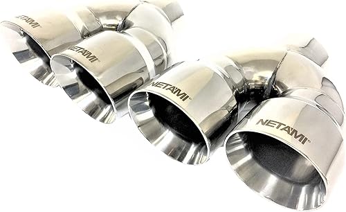 Miniatura 5 de NETAMI 3 "entrada a 4" Quad Staggered Outlet Puntas de escape de acero inoxidable doble pared negro cromado acabado un par