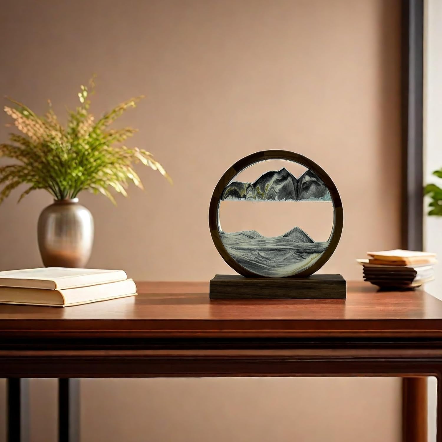 Hand Made Walnut Moving Sand Art, 360° Rotating Hourglass Glaciers Sandscape, Relaxing Desk Toys for Adults, Home Office Work Decor