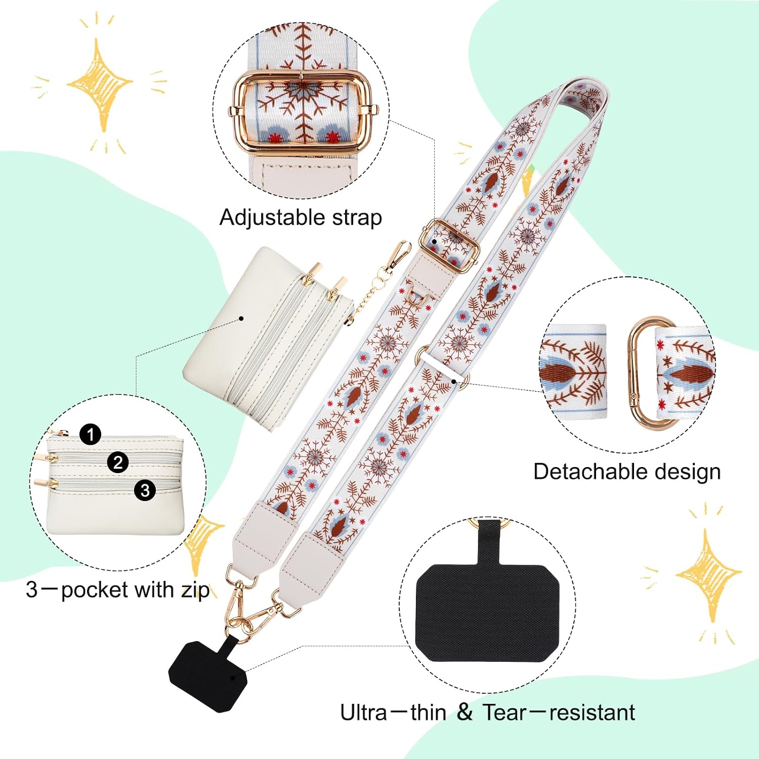 4Pcs Clip and Go Strap for Phone with Wallet Crossbody, Clip and Go Phone Strap with Wallet, Adjustable Crossbody Phone Strap with Zippered Pouch for Protecting Money Cards
