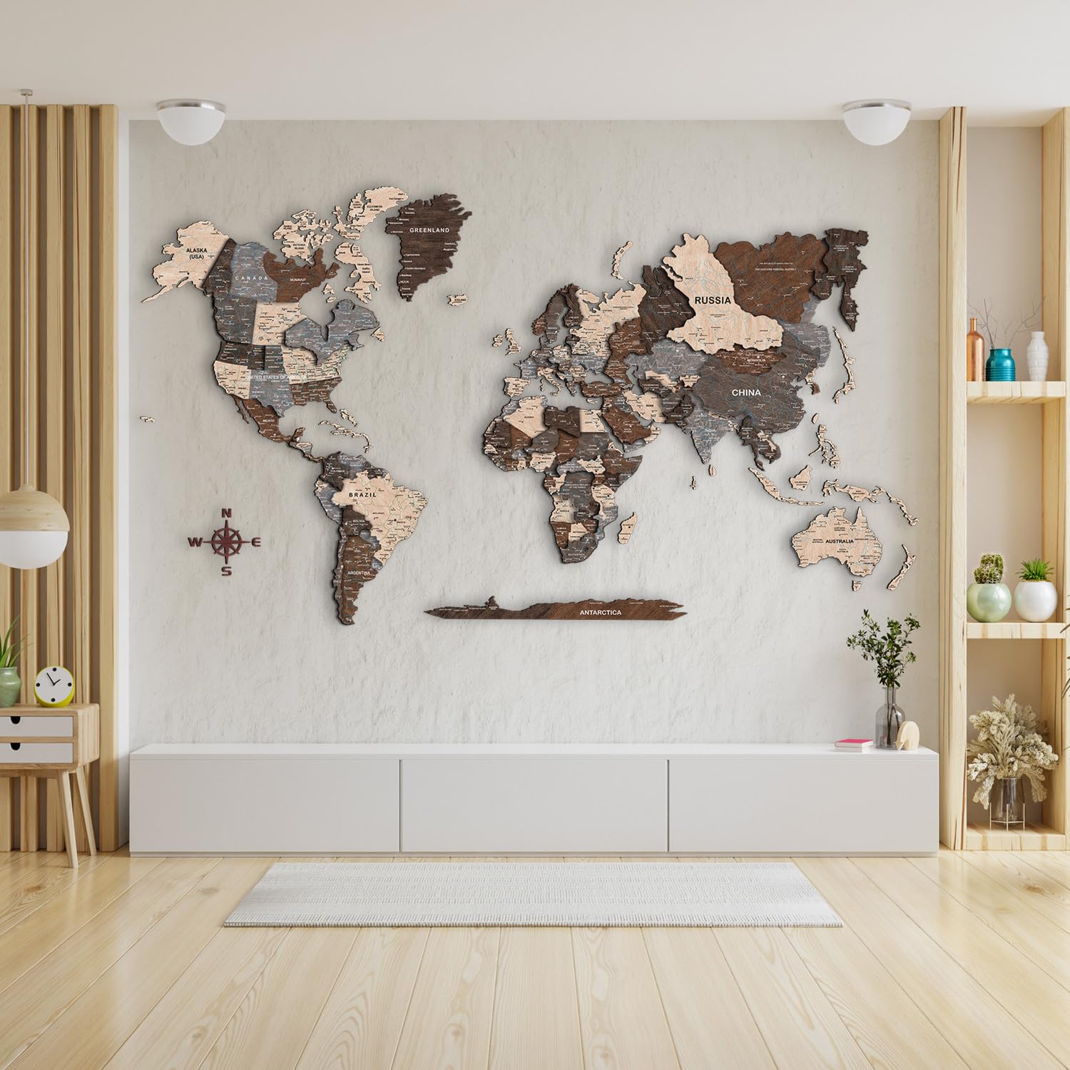 Creawoo Carte Du Monde 3D En Bois Massif Multicolore 150x85cm - Décoration Murale Voyage Bois Naturel Pour Maison Et Bureau