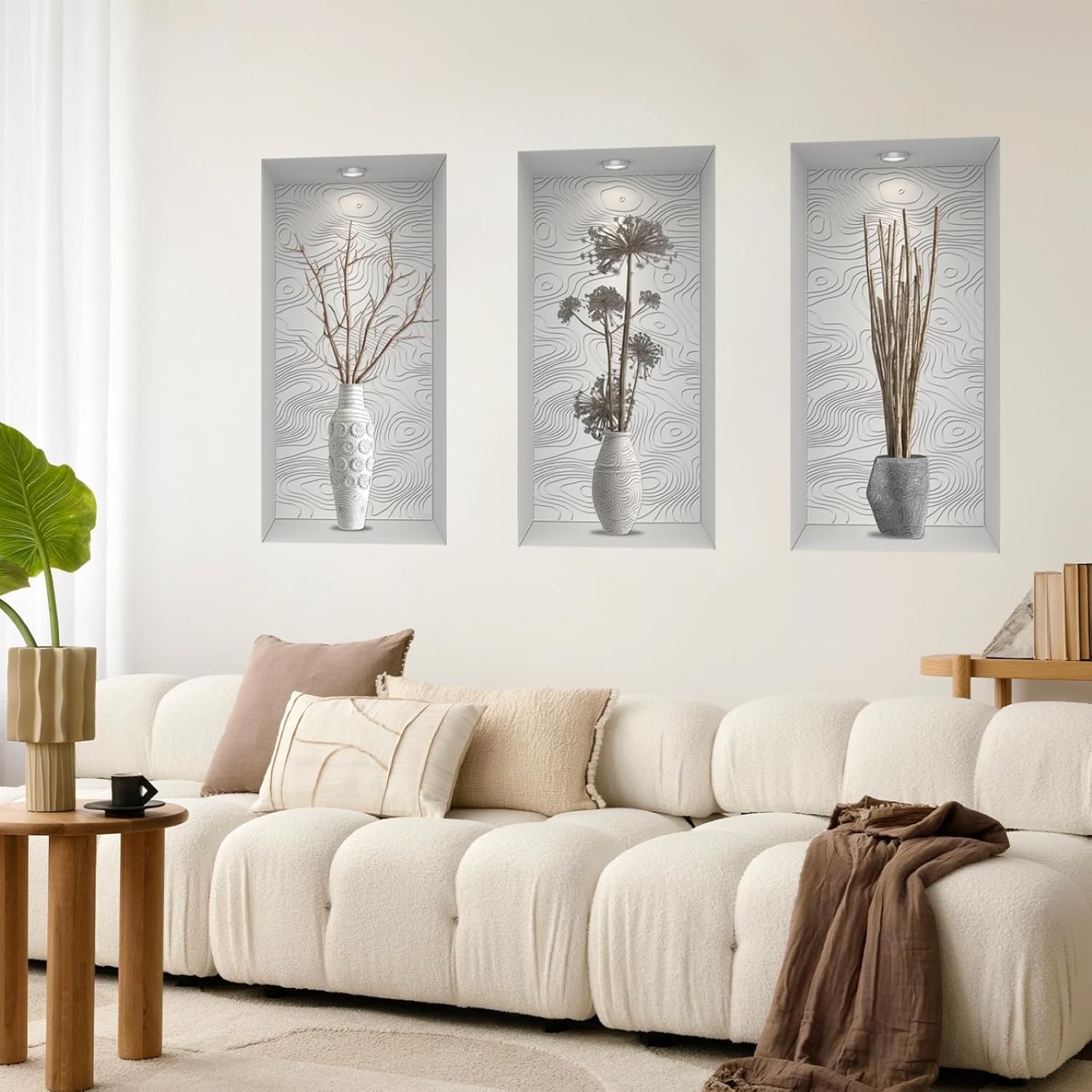 3D Vase Art Wall Stickers Self-Adhesive Potted Plant Vase Wall Decals Peel and Stick for Living Room Bedroom Office Home Decor, Grey Branch