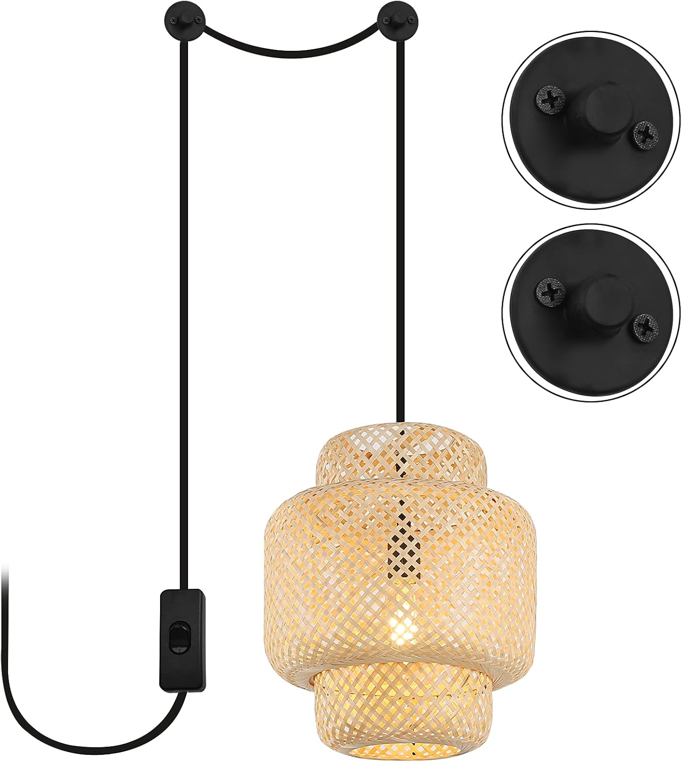 Wicker Plug in Pendant Light with Bamboo Lantern Shape Hand-Woven 1 Hanging Light Fixture for Kitchen Farmhouse Beige Lampshade Natural Chandeliers Ceiling E26 Lighting with Inline On/Off Switch Cord