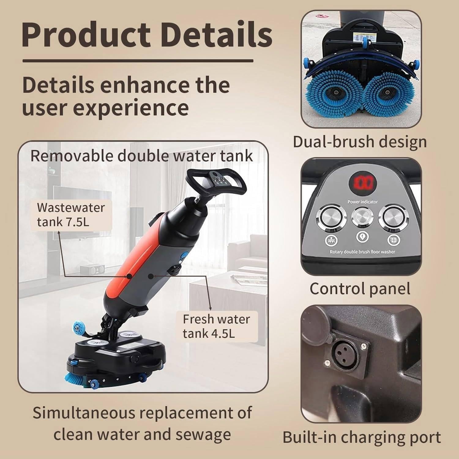 Máquina de limpieza de suelos comercial, cepillos dobles giratorios, 240 RPM, cobertura de 13000 pies cuadrados/h, limpiador eléctrico ligero para suelos de madera, azulejos, mármol, cemento
