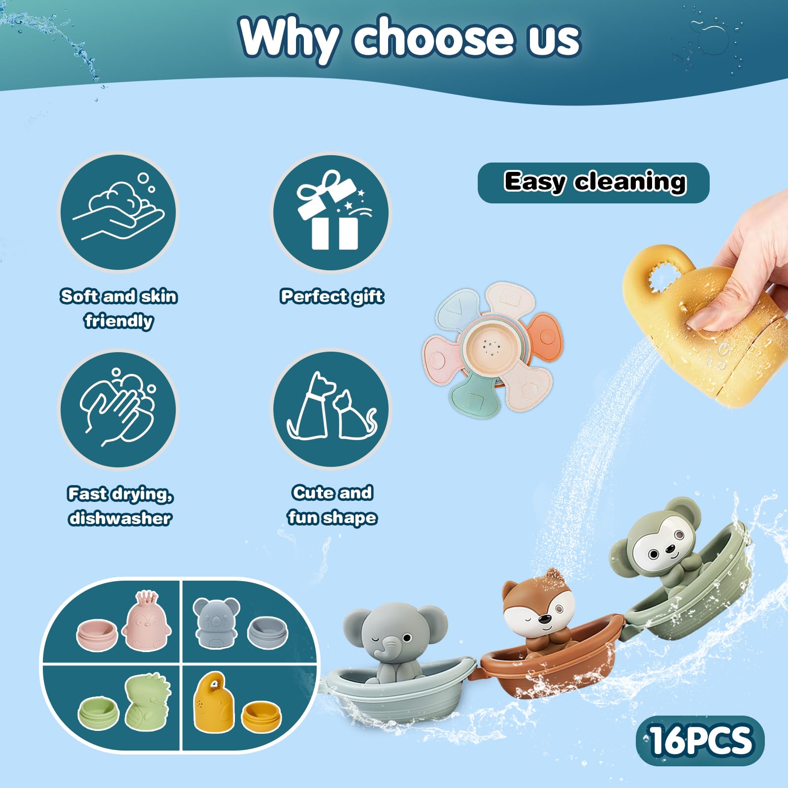 Jouet Bain Bébé, Lot de 16 Jouets de Bain Aspergeurs en Silicone, Jeux de Bain Bebe Animaux, Jouets pour Plage ou Plein Air, Jouets Empilables Enfant Jeux Educatif 1 2 3 Ans, Idéal Cadeaux pour Bébé