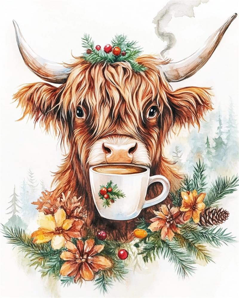 Henypt Bead Embroidery Kit On Art Canvas -Little Highland Cow Drinking Coffee with DIY Beadwork Kit Embroidery Pattern Gift for Her DIY Craft Kit