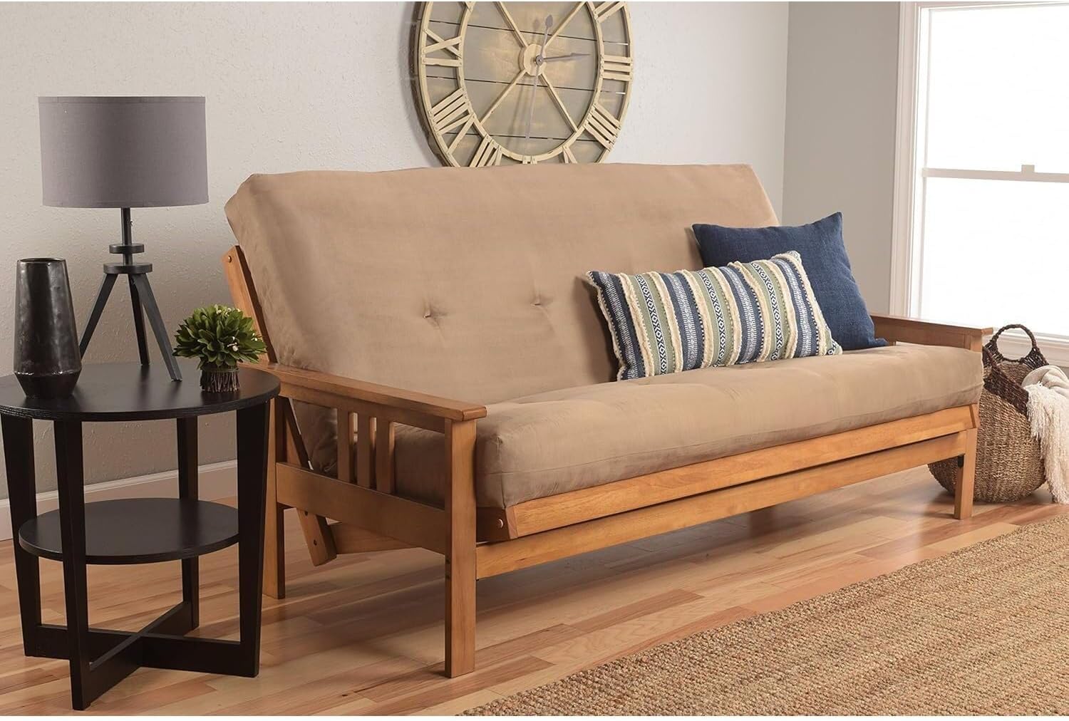 Maykoosh Rustic Futon Frame Set with Mattress - Butternut Finish Foldable Sofa Bed - Living Room Design