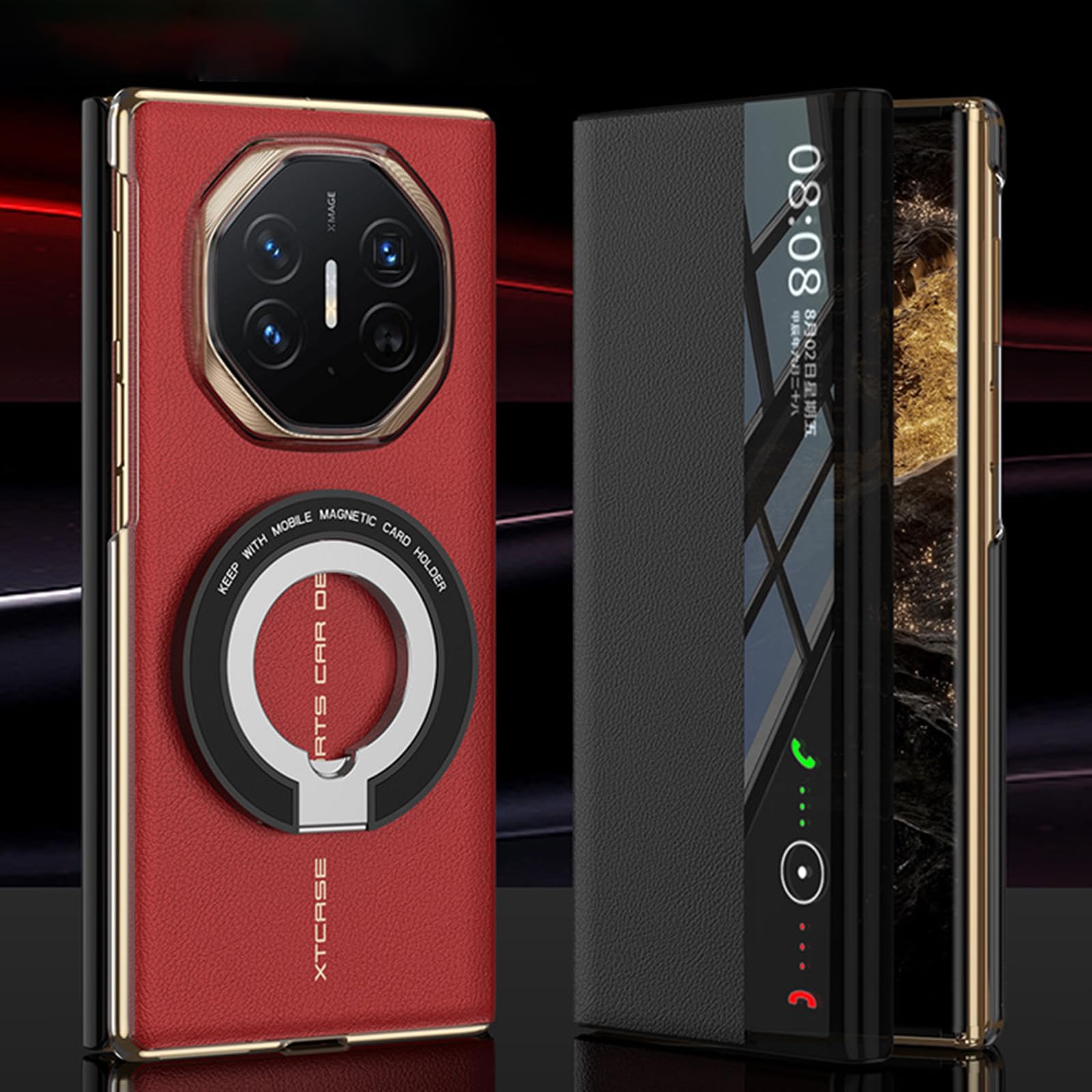 Etui na Huawei Mate XT, magnetyczny skórzany pokrowiec odpinany uchwyt pierścieniowy podpórka osłona ochronna funkcja widoku okna luksusowe etui biznesowe, czerwone, Mate XT