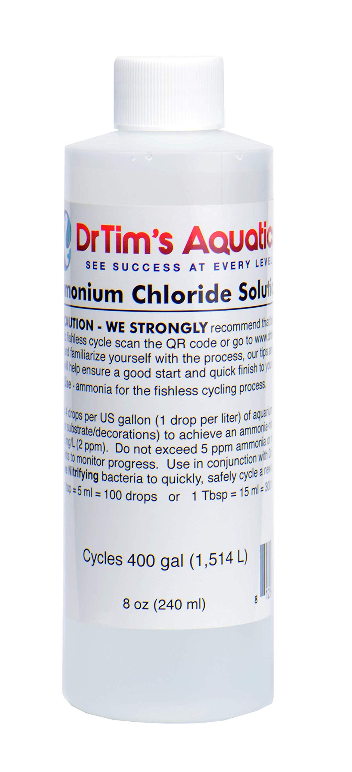 DrTim's Aquatics Ammonium Chloride Solution for Fishless Cycling - 8 oz., Treats 400 gal. – Fish Tank Cleaner for Saltwater, Freshwater & Reef Aquariums