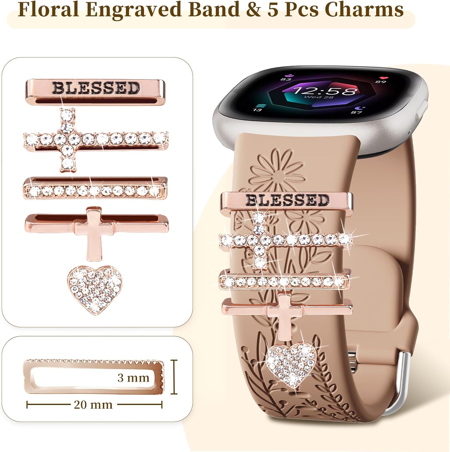 Wildflower Engraved Bands Compatible with Fitbit Sense 2, Versa 4/3, Sense Band with Charms, Soft Silicone Replacement Wristbands Strap with Cute Decorative Rings Accessories for Women - Image 3