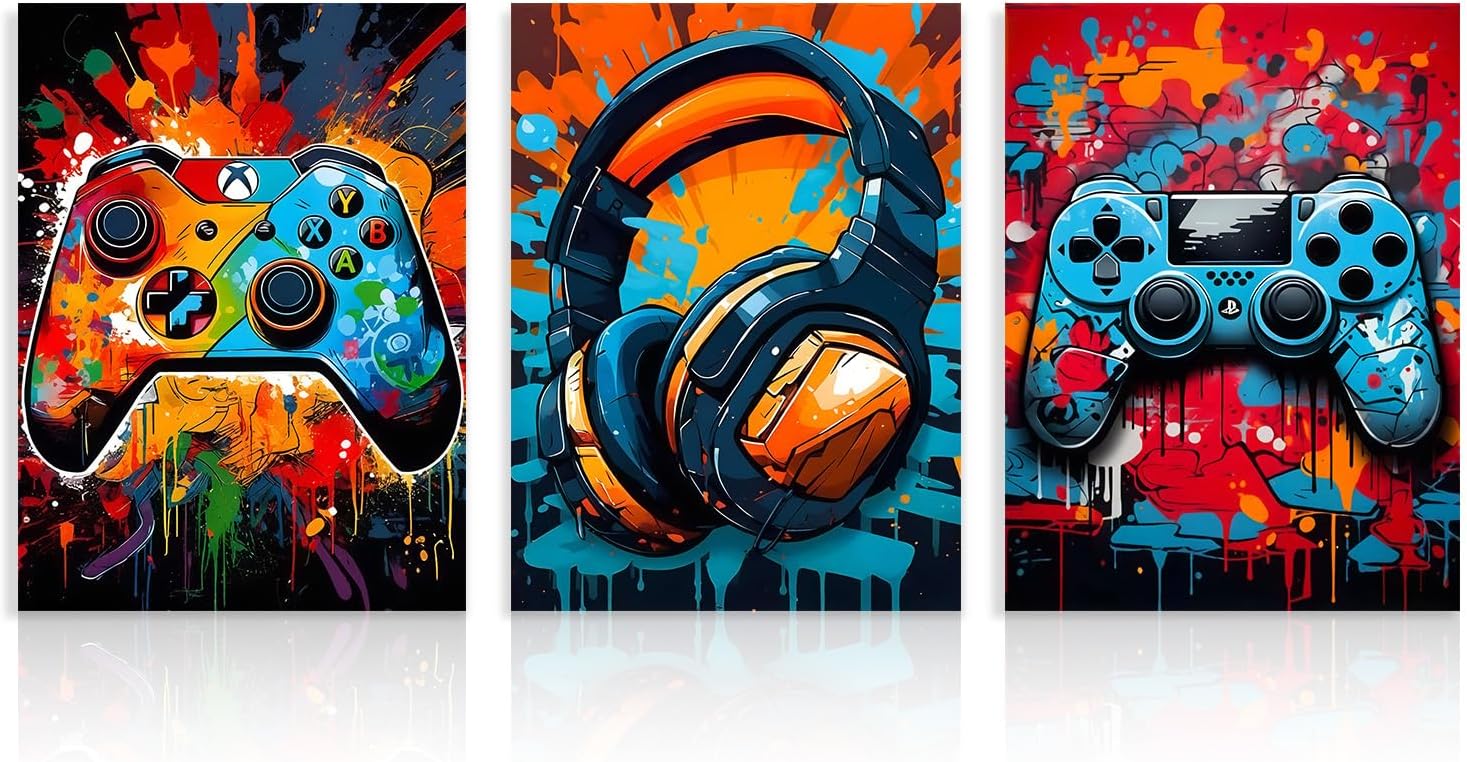 Dazzlewall 3 Pieces Game Wall Art Prints Graffiti Gamepad Headphones Painting Pictures Cool Video Posters for Teen Boys Room Dorm Game Room Decor 30 x 40 cm Unframed