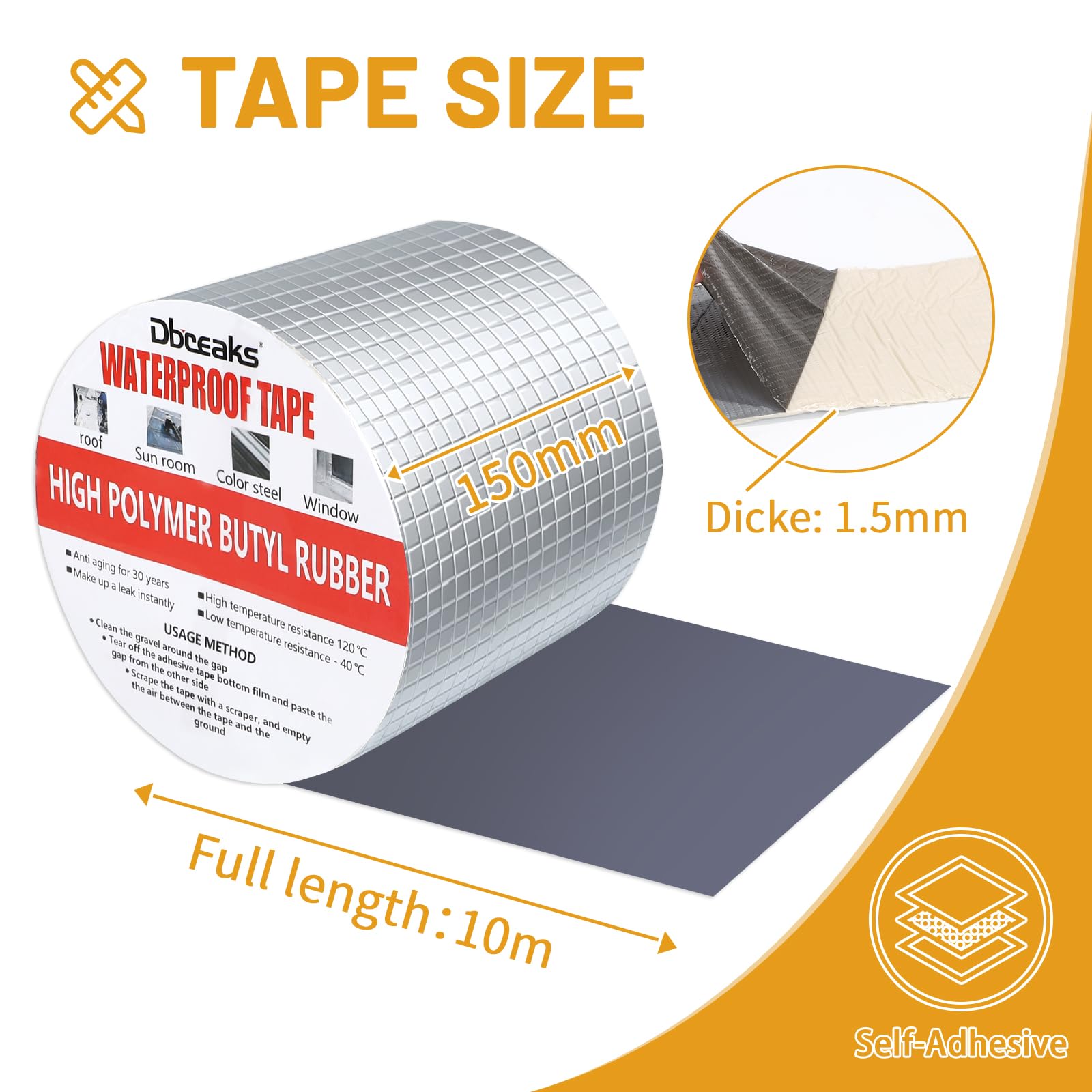 DBREAKS Nastro in alluminio butilico, 150 mm x 10 m x 1,5 mm, impermeabile, in alluminio, autoadesivo, nastro di riparazione, nastro in butile