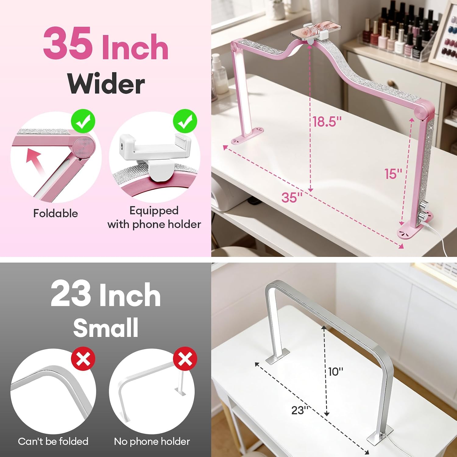Arch Half Moon Light: Professional 34 inch 420 LED Beads - Nail Lamp for Desk Adjustable Brightness 3 Color Temperature - Foldable Nail Tech Light for Manicure Crafting (Rose)