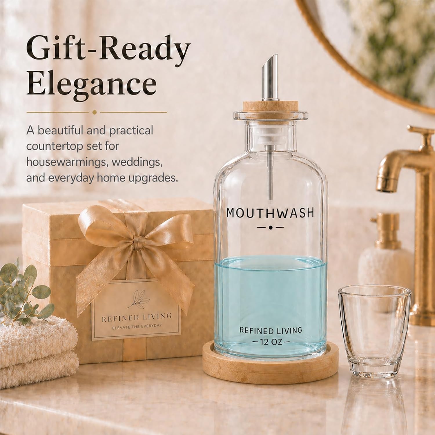 Mouthwash Dispenser for Bathroom, 12 OZ Refillable Glass Mouthwash Bottle with Cup and Bamboo Tray, Decorative Mouth Wash Dispenser Set for Bathroom