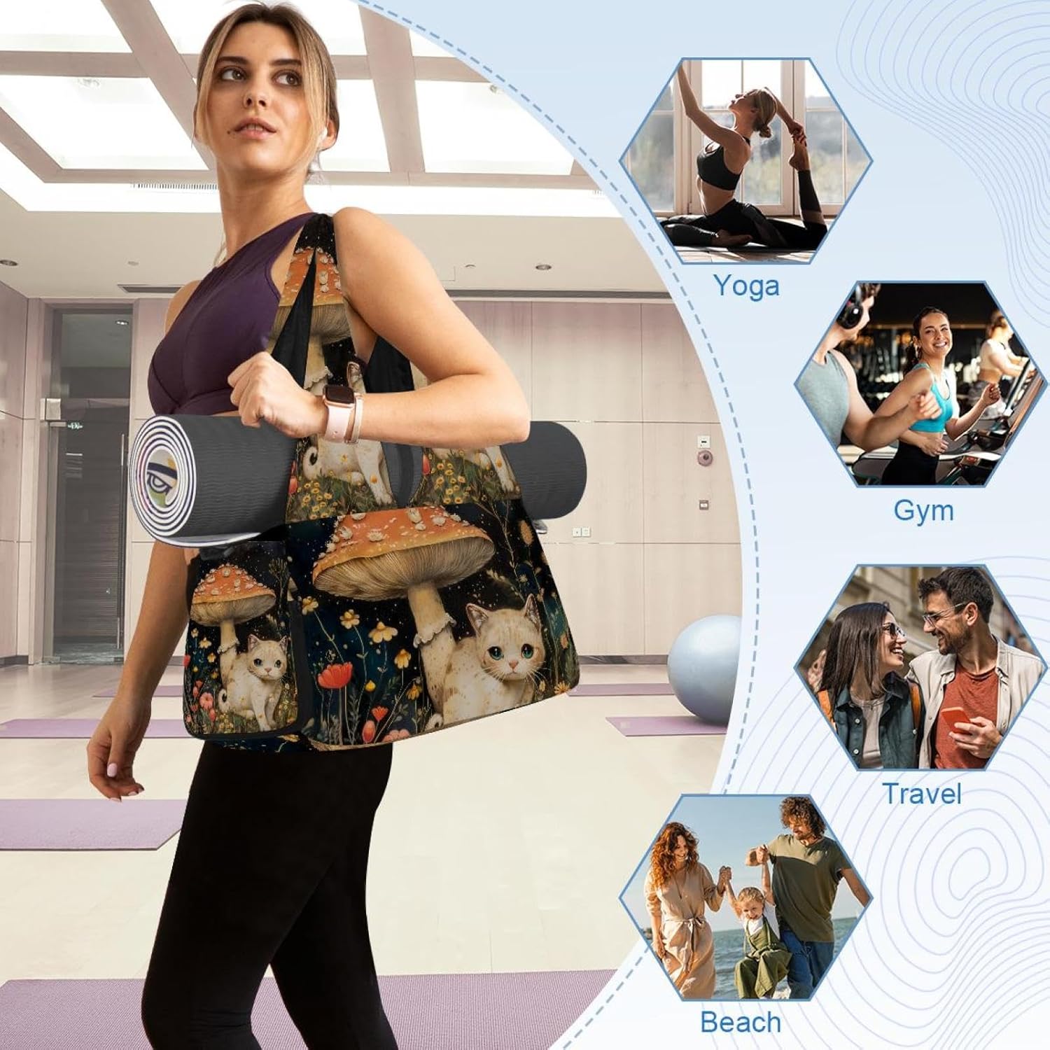 Gym Bag for Women, Galaxy Cat Eating Donut Yoga Mat Bag with Shoe Compartment, Sport Yoga Gym Bag with Yoga Strap, Carryall Yoga Tote Bag