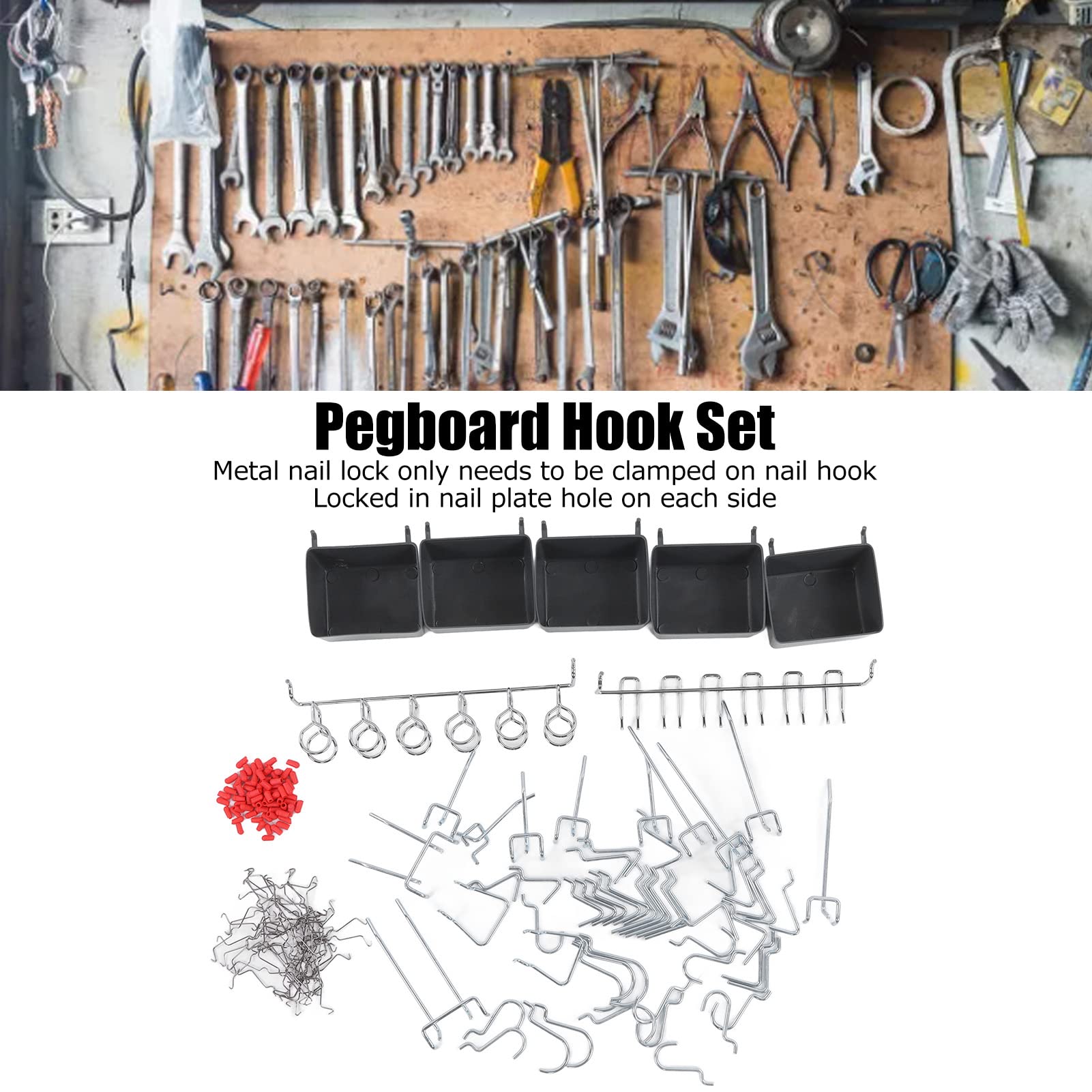 114 PCS Haczyka Pegboard Asortment, Pegboard Accessories Organizer Zestaw, wytrzymałe haczyka z tablicami PEG Asortyment do przechowywania, mocowania ścian garażowych
