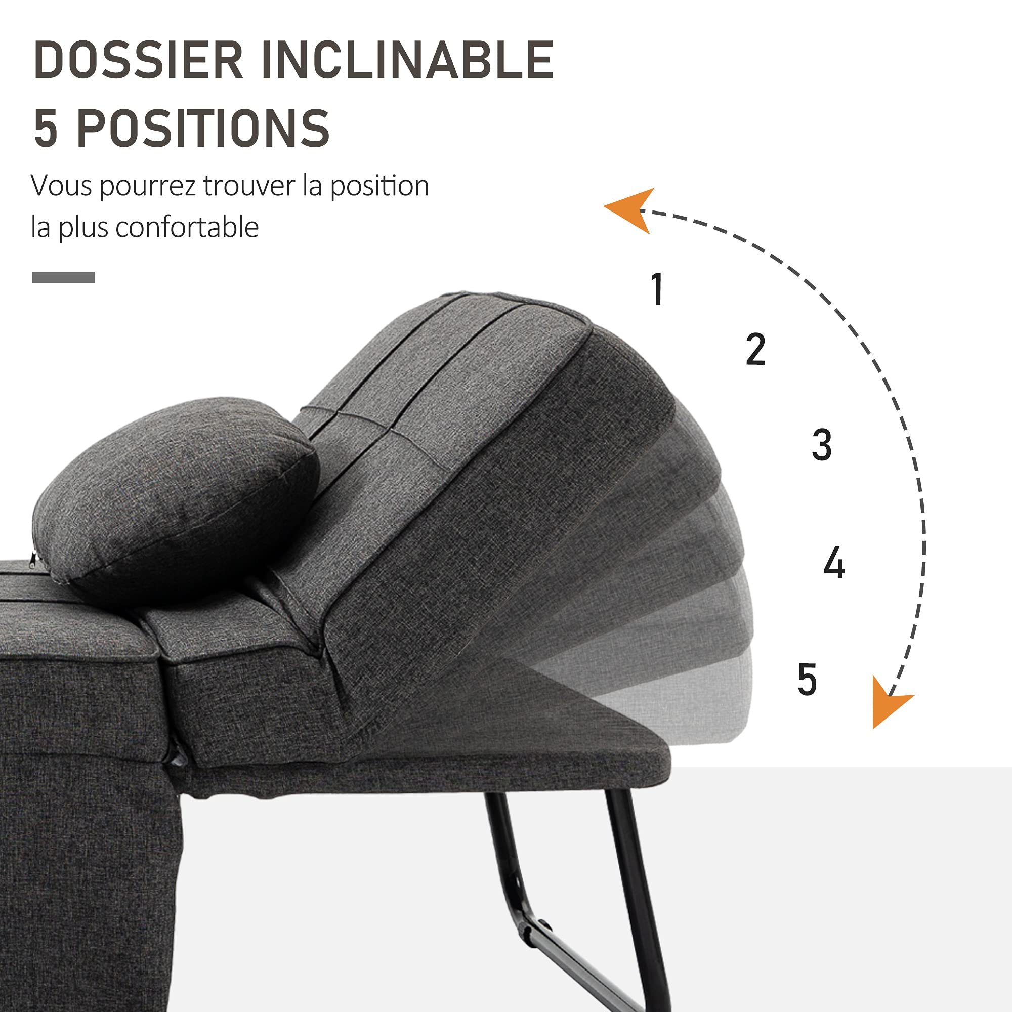 HOMCOM Chauffeuse 1 Place 4 en 1 Fauteuil lit Convertible Pouf Dossier inclinable 5 Niveaux Repose-Pied Rabattable, Charge 200 Kg, châssis métal et Tissu Lin Gris