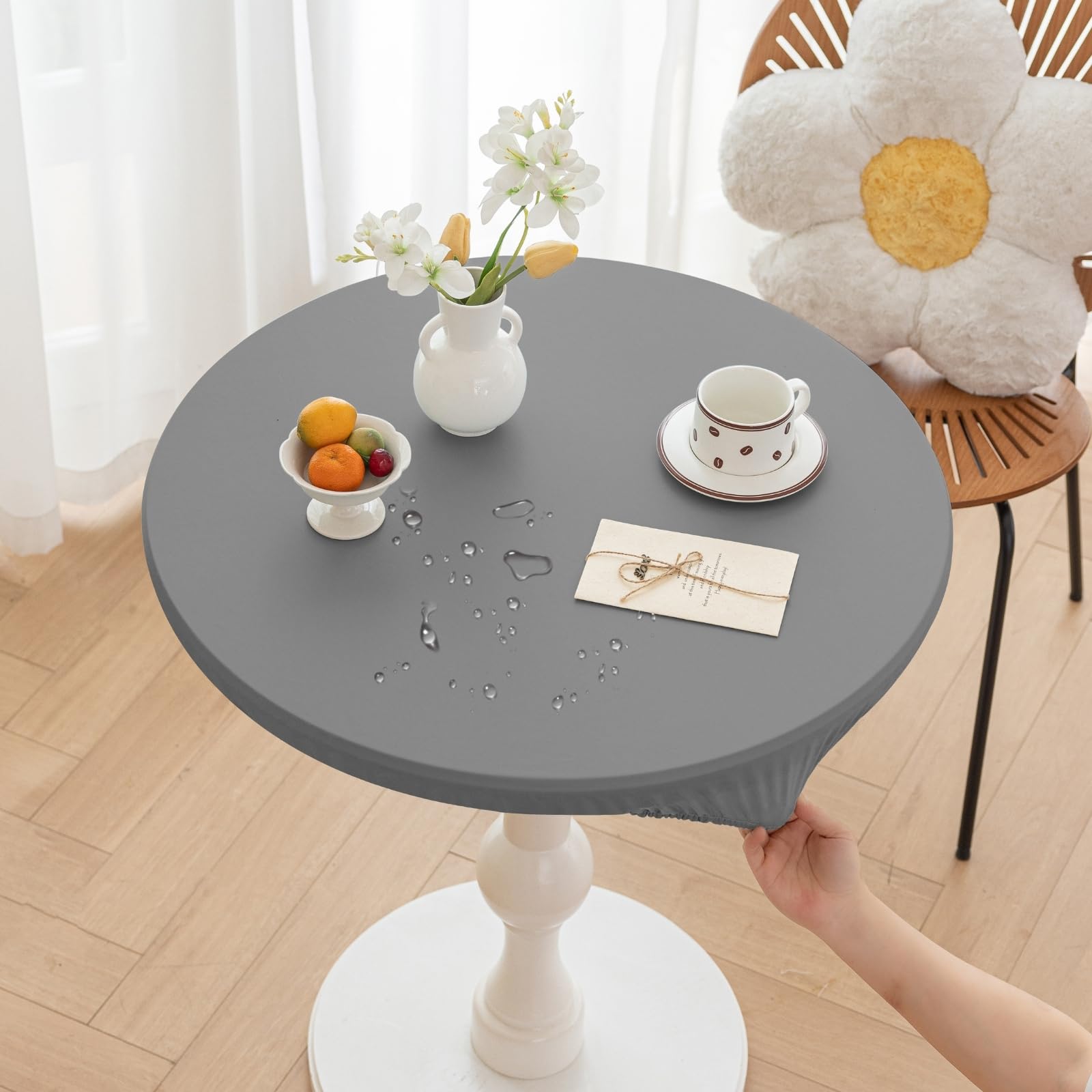 Huierxun Round Fitted PU Tablecloth with High Elastic Edge 59 Inch Dia Waterproof Oil Proof Table Cloth Anti-Scald Stain-Resistant Wipeable Table Cover for Indoor Outdoor Picnic (Light Grey,59" Dia)