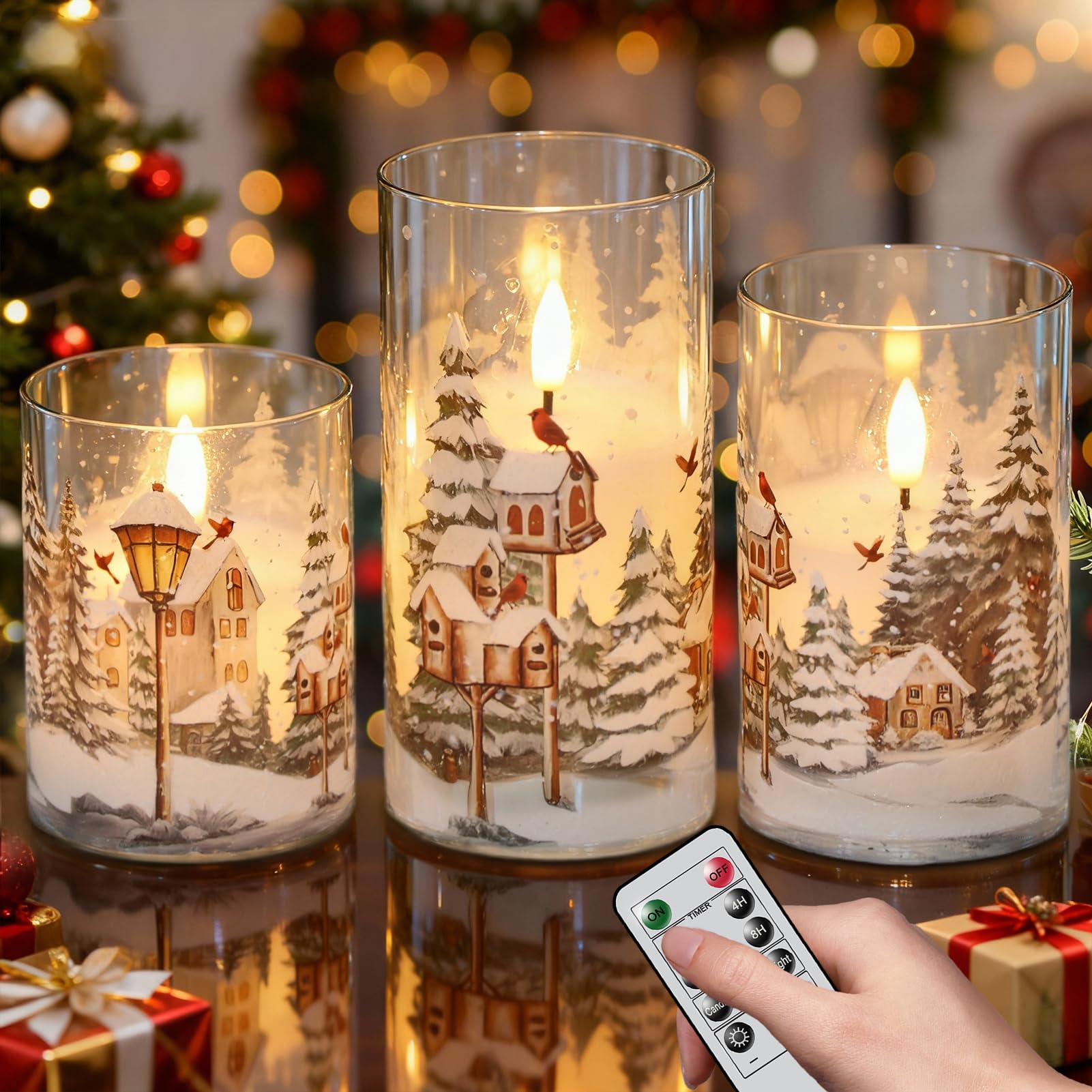 Wondise Roter Vogel Glas flammenlose Kerzen mit Fernbedienung Timer, batteriebetriebenes Echtwachs 3D Docht LED flackernde Stumpenkerzen für Weihnachtsdekoration Thanksgiving Urlaub Geschenk
