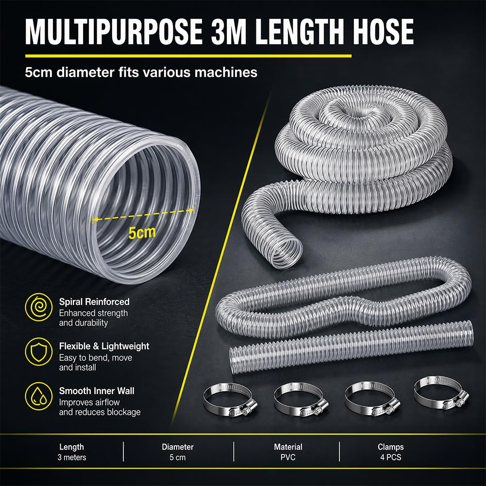 50mm Transparenter PVC Absaugschlauch 3m, Staubsaugerschlauch Universal Spiralschlauch Staubsammelschlauch Flexibel für Werkstatt Staubsauger, Teichpumpe, Absauganlage, Luft & Wasser Transport