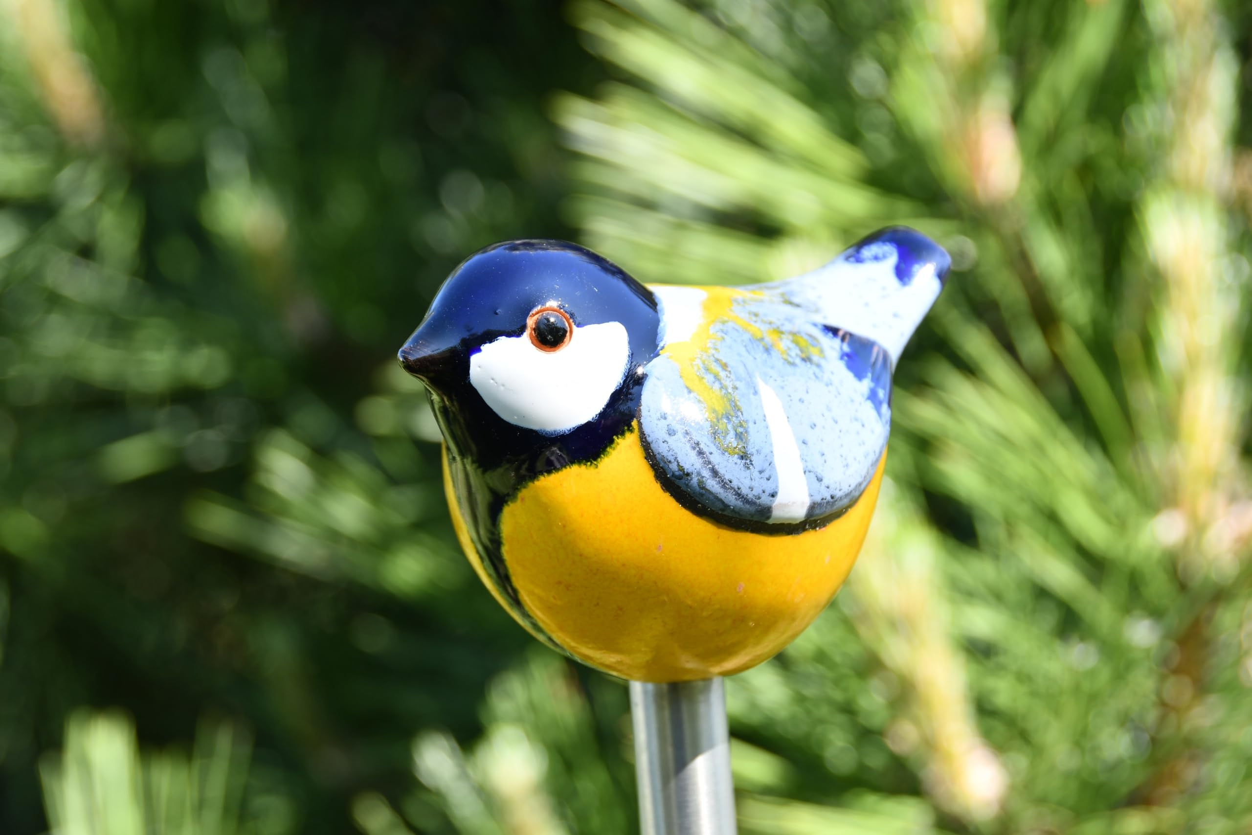Gartenstecker Keramik Handgefertigt - Gartendeko für Draußen Wetterfest - Garten Deko Keramik - Vogel Gartenfiguren & Gartenstatuen - Blaumeise/Meise
