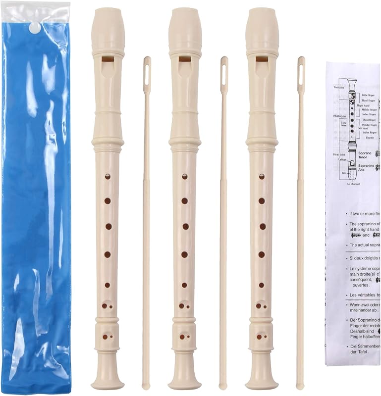 SANNIX 3 Pack 8 Hole Soprano Descant Recorder Instrument for Recorders with Cleaning Rod and Instruction German Style (Ivory White)
