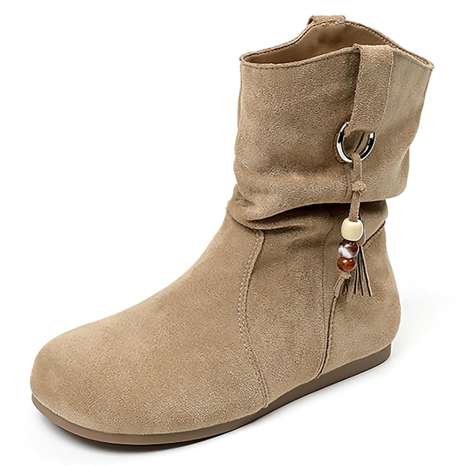 Womens Suede Wrinkles Western Mid-Calf Boots Comfort Tassel Beaded Round Toe Flat Ankle Boots Casual Retro Pull on
