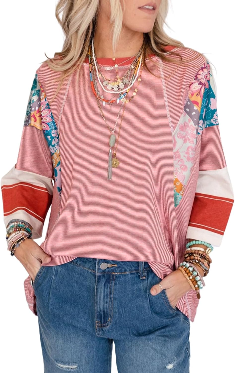 EVALESS Boho Tops for Women Dressy Casual Spring 3/4 Length Sleeve Crewneck Patchwork Striped Oversized Blouses Shirts