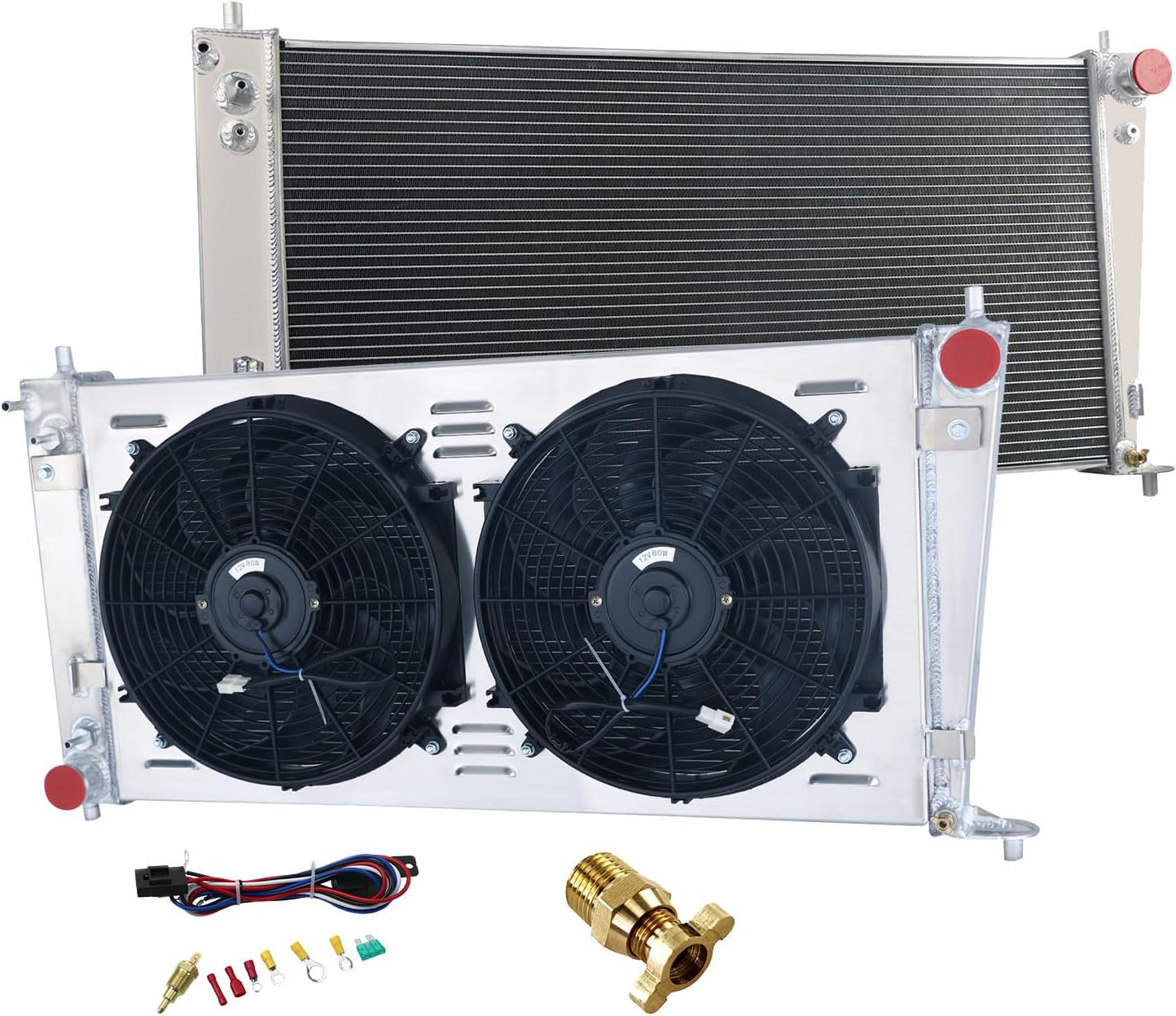 1/3/4 Row Core Aluminum Radiator + 2 x 14" Fan Shroud + Relay Compatible with 1999-2010 Ford Expedition Lobo F-150 F-250 F-350/99-03 Lincoln Blackwood/Navigator (1 Row Radiator Fan Shroud)