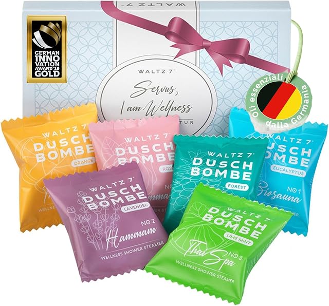 WALTZ 7 Bombe da Doccia Originali, 6 Pezzi con 6 Fragranze, Qualità dall'Europa, Pastiglie da Dcocia agli Oli Essenziali, Piccolo Regalo Donna, Uomo, Amica, Natale, Set Benessere per il Relax