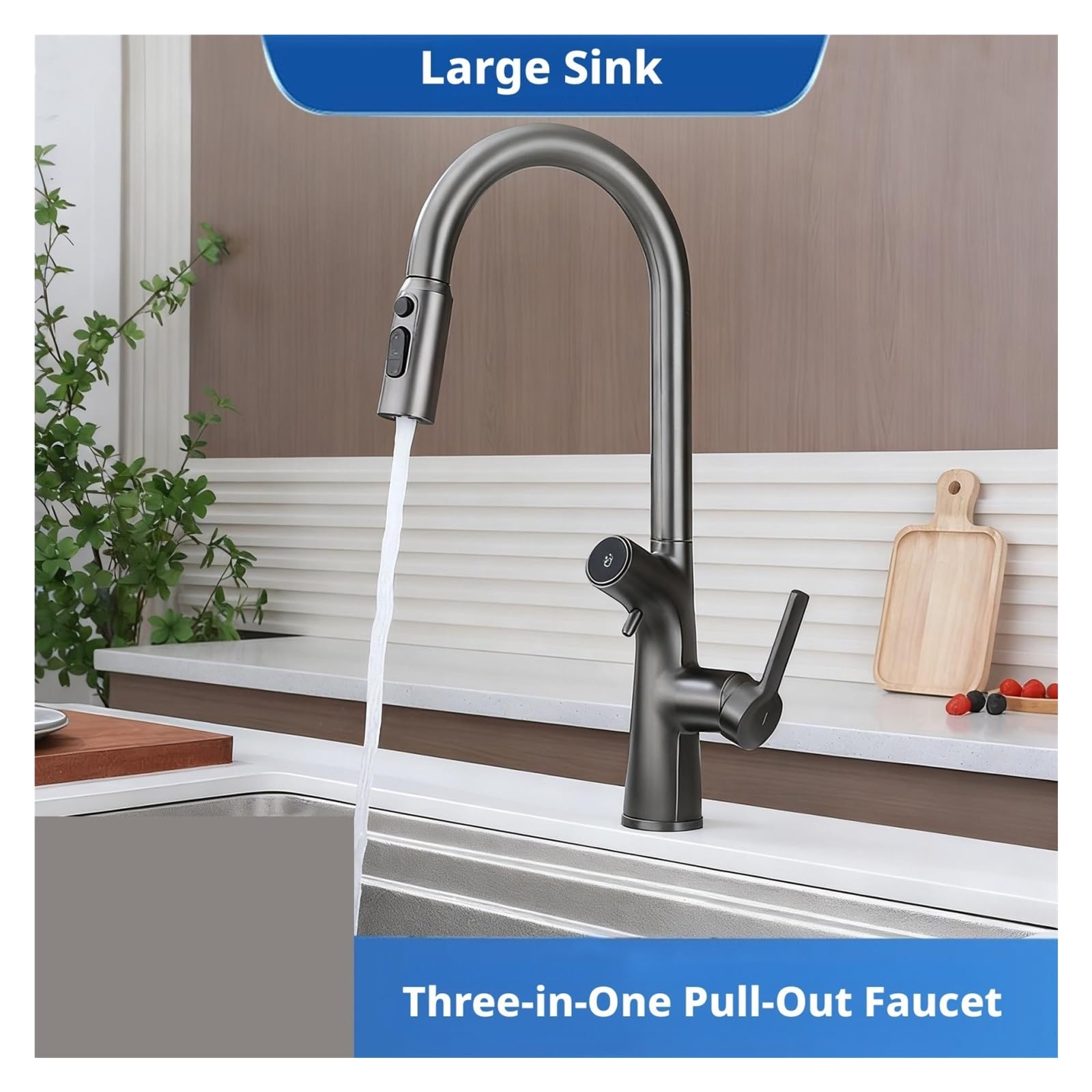 Grifo de baño, Grifo de cocina SUS304 3 en 1, grifo extraíble agua potable filtrada, válvula mezcladora cepillada frío y caliente