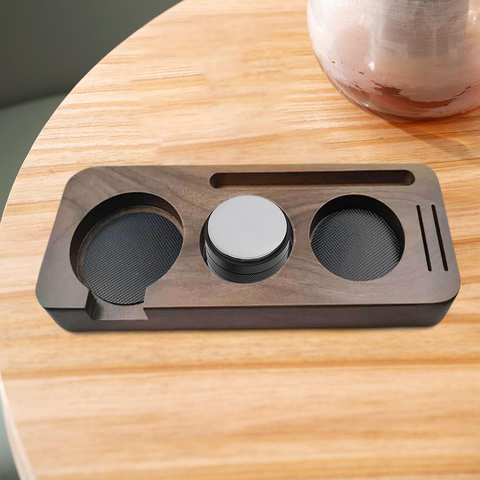 Estación de de Café de Madera para Portafiltros Y Dispensador de Espresso con Tapete de Silicona, Almacenamiento de Cucharas Y Accesorios, Ad, Nogal de 58 mm, Individual