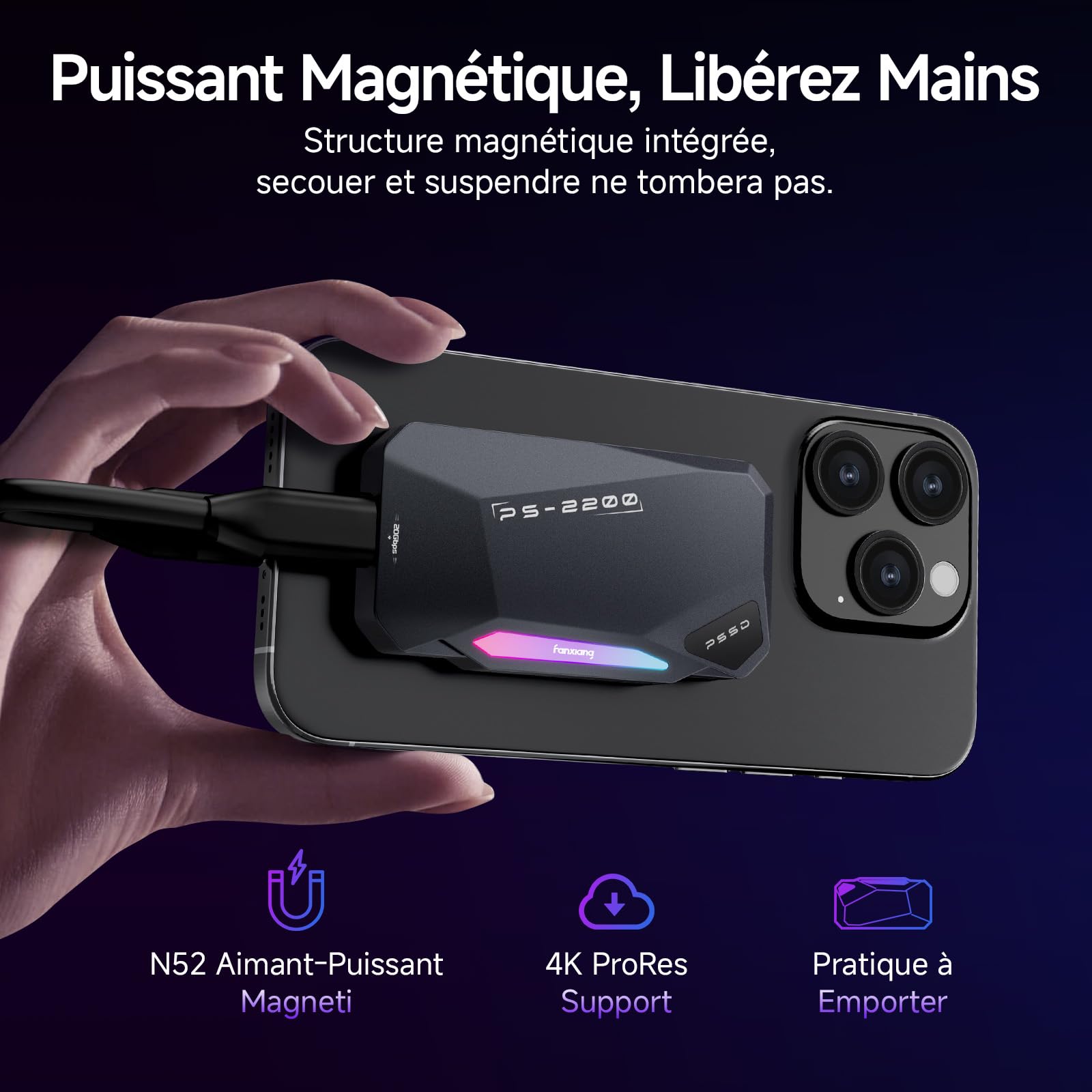 fanxiang 2To SSD Externe Magnétique, Jusqu'à 2050Mo/s, USB 3.2 Gen2 USB-C, SSD Portable avec RGB LEDs, 4K ProRes HDR, Disque Dur Mémoire Externe pour iPhone15/16, Android/PC/Mac-PS2200